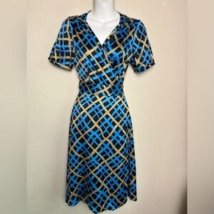 Banana Republic Blue & Tan Abstract Geometric Plaid Silky Feel Wrap Dress 4